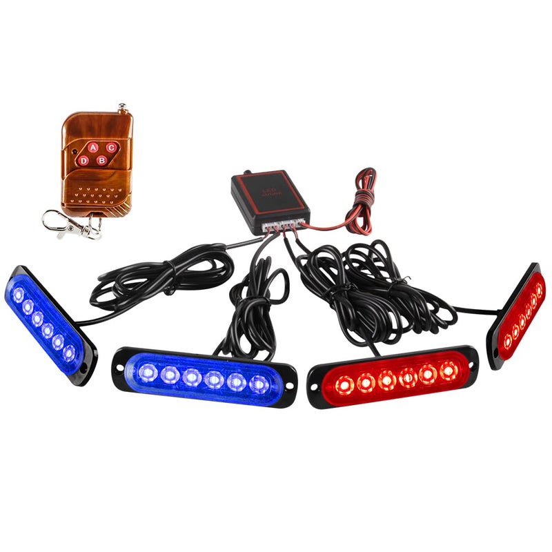 Sidaqi LED Emergency Strobe Lights with Remote ControlRedBlue 4IN1 24LED Grille Warning Flashing Construction Ploice Light Waterproof 12V