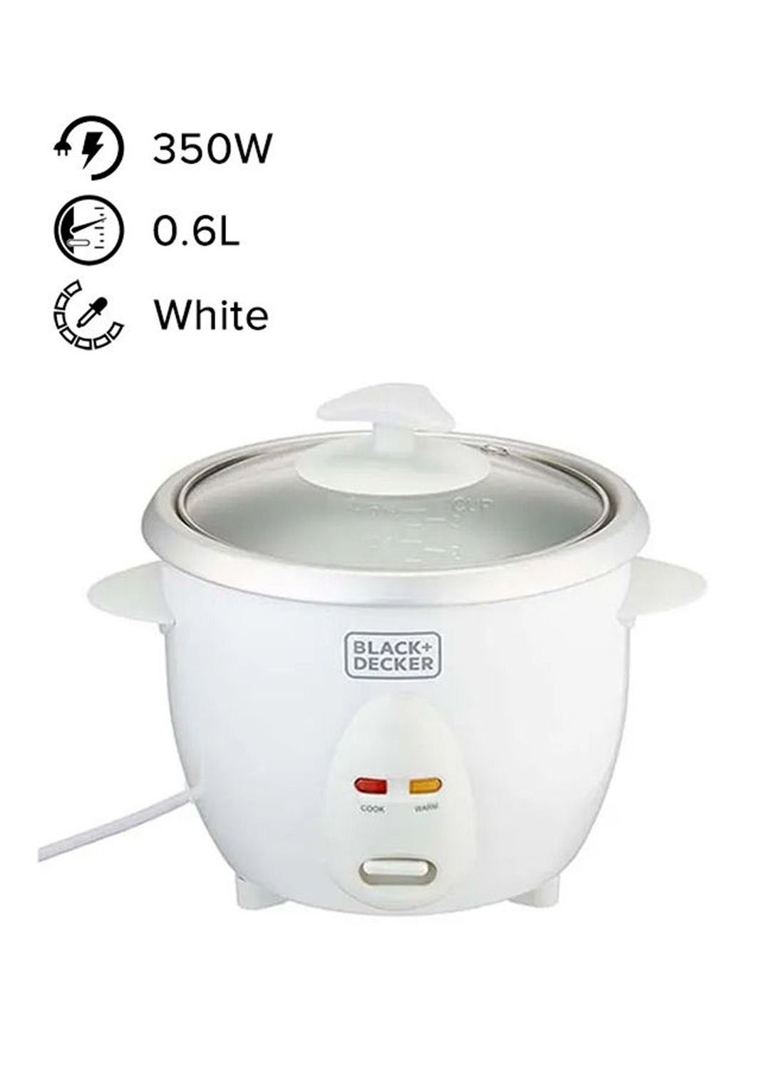 Rice Cooker, Removable NonStick Aluminum Bowl, Steaming Tray, Water Level Indicator, Glass Lid with Cool Touch, Cook and Warm Functions, 220-240V, 0.6 L 350 W RC650-B5 White
