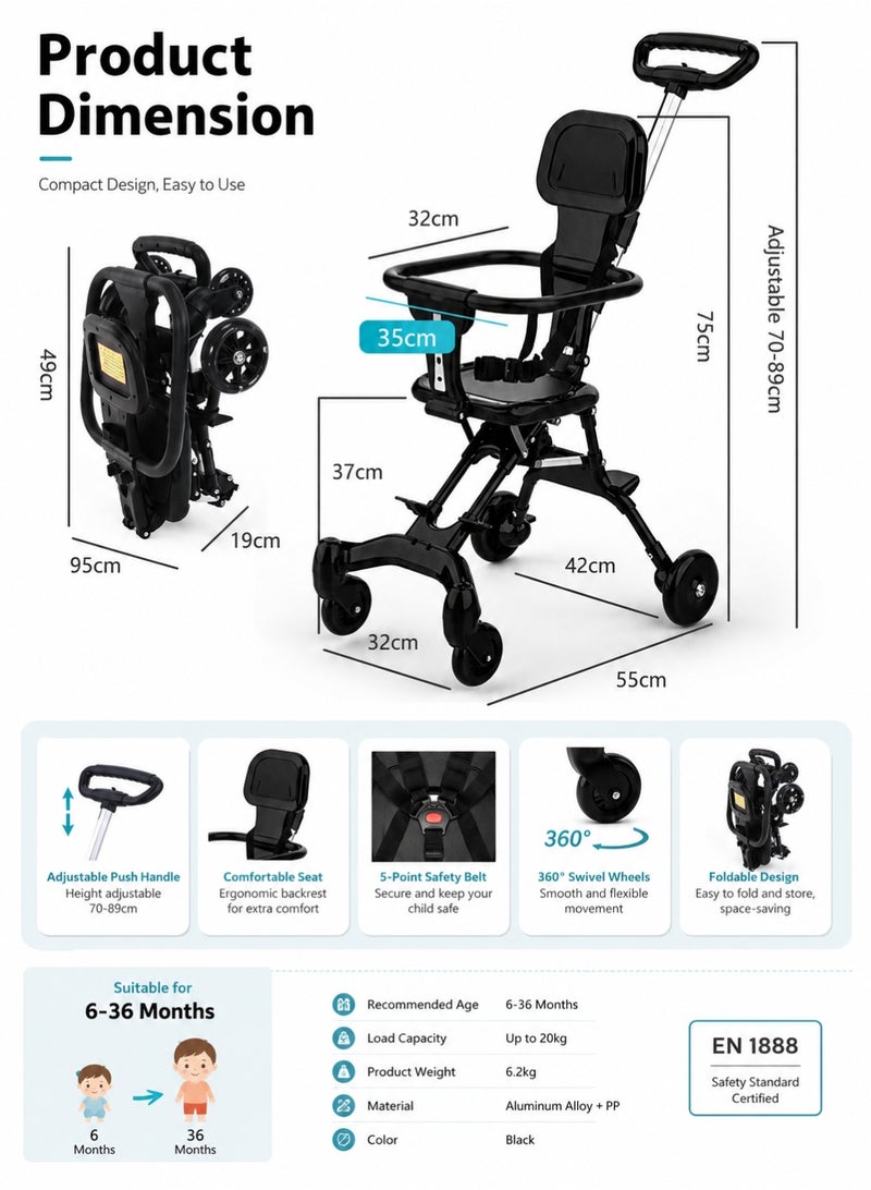 TOTOJOY Portable Baby Stroller Lightweight Compact Travel with Adjustable Handles and Backrest One Hand Foldable Easy Overhead Airplane Car Trunk Storage Airport Shopping Walking Pocket Stroller Cart Toddler - Image 5