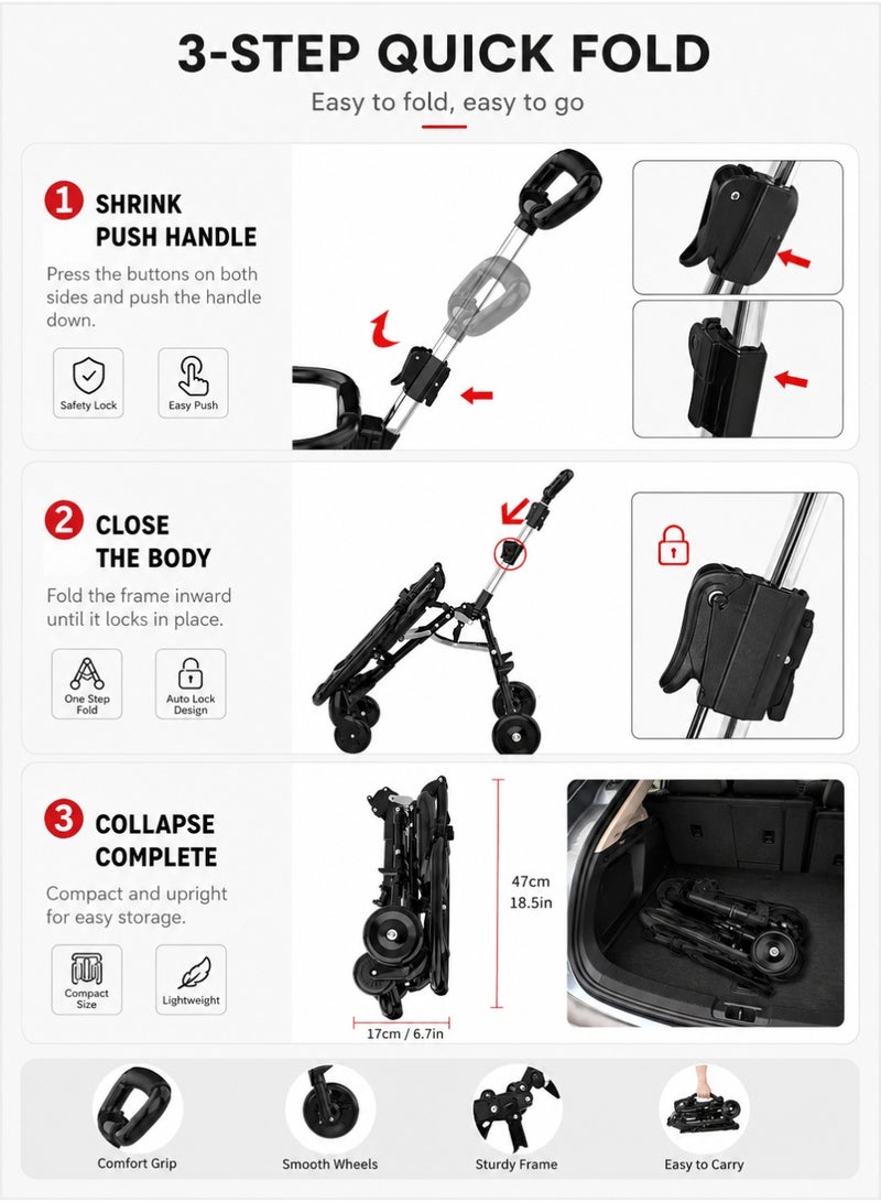 TOTOJOY Portable Baby Stroller Lightweight Compact Travel with Adjustable Handles and Backrest One Hand Foldable Easy Overhead Airplane Car Trunk Storage Airport Shopping Walking Pocket Stroller Cart Toddler - Image 4