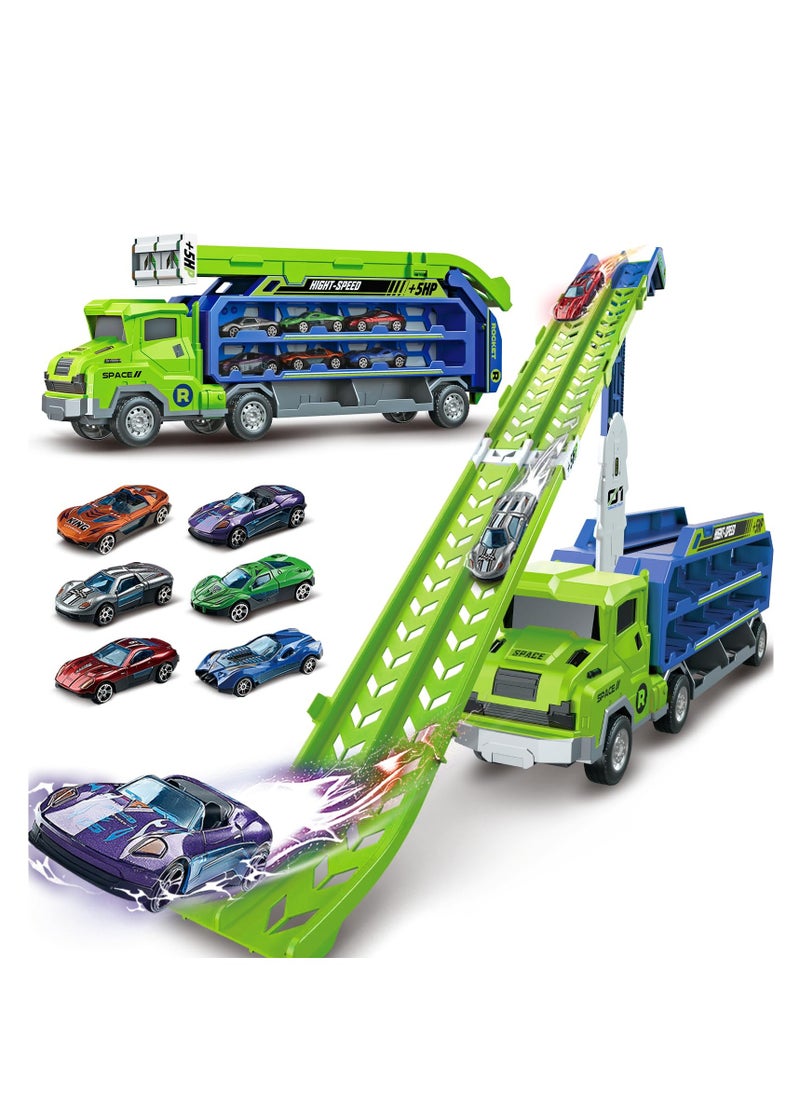 XiuWoo Toddler Car Truck Toys, Car Carrier Truck Toys for Kids Age 3-8,Foldable Car Track Sets with 2.8-Ft Race Track and 6 Die-Cast Race Cars, Truck Toys Gifts, Green  - Image 1
