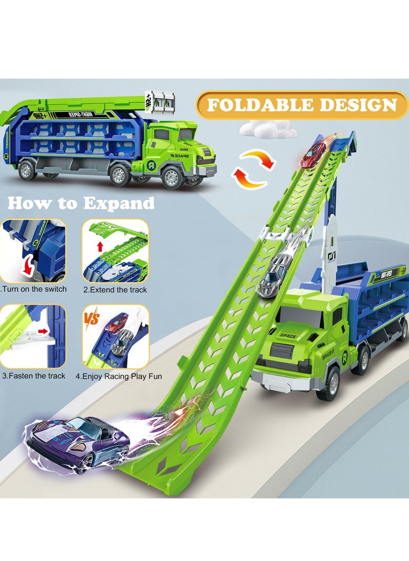 XiuWoo Toddler Car Truck Toys, Car Carrier Truck Toys for Kids Age 3-8,Foldable Car Track Sets with 2.8-Ft Race Track and 6 Die-Cast Race Cars, Truck Toys Gifts, Green  - Image 2