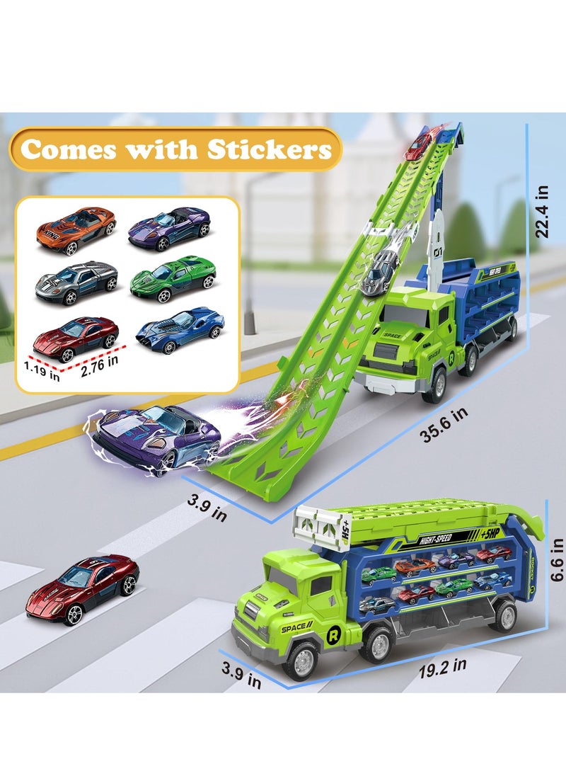XiuWoo Toddler Car Truck Toys, Car Carrier Truck Toys for Kids Age 3-8,Foldable Car Track Sets with 2.8-Ft Race Track and 6 Die-Cast Race Cars, Truck Toys Gifts, Green  - Image 3
