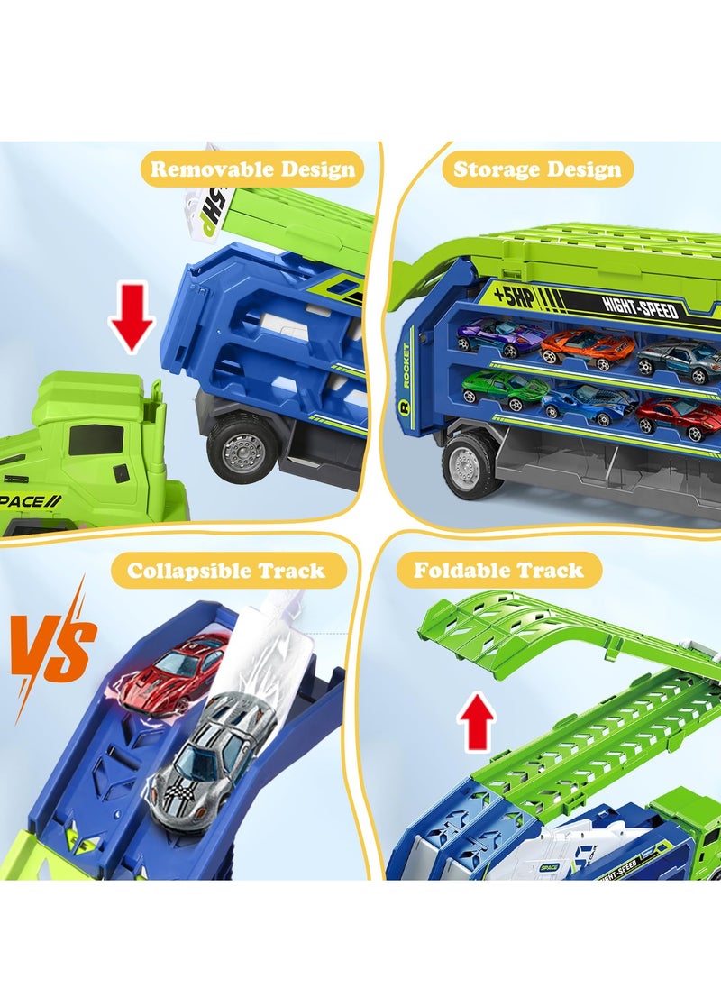 XiuWoo Toddler Car Truck Toys, Car Carrier Truck Toys for Kids Age 3-8,Foldable Car Track Sets with 2.8-Ft Race Track and 6 Die-Cast Race Cars, Truck Toys Gifts, Green  - Image 4