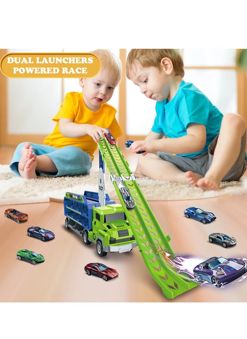 XiuWoo Toddler Car Truck Toys, Car Carrier Truck Toys for Kids Age 3-8,Foldable Car Track Sets with 2.8-Ft Race Track and 6 Die-Cast Race Cars, Truck Toys Gifts, Green  - Image 5