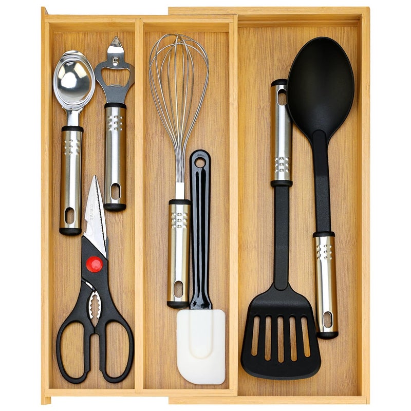 Hilislog Large Bamboo Silverware Drawer Organizer Tray Kitchen Tool Drawer Divider Organizers Storage Expandable Cooking Utensil Organizer Wooden Cutlery Tray Spoon Flatware Organizers Utensil Holder Drawers - Image 2