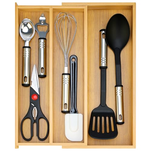 Hilislog Large Bamboo Silverware Drawer Organizer Tray Kitchen Tool Drawer Divider Organizers Storage Expandable Cooking Utensil Organizer Wooden Cutlery Tray Spoon Flatware Organizers Utensil Holder Drawers - Image 1
