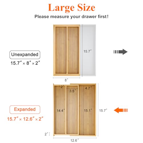 Hilislog Large Bamboo Silverware Drawer Organizer Tray Kitchen Tool Drawer Divider Organizers Storage Expandable Cooking Utensil Organizer Wooden Cutlery Tray Spoon Flatware Organizers Utensil Holder Drawers - Image 3