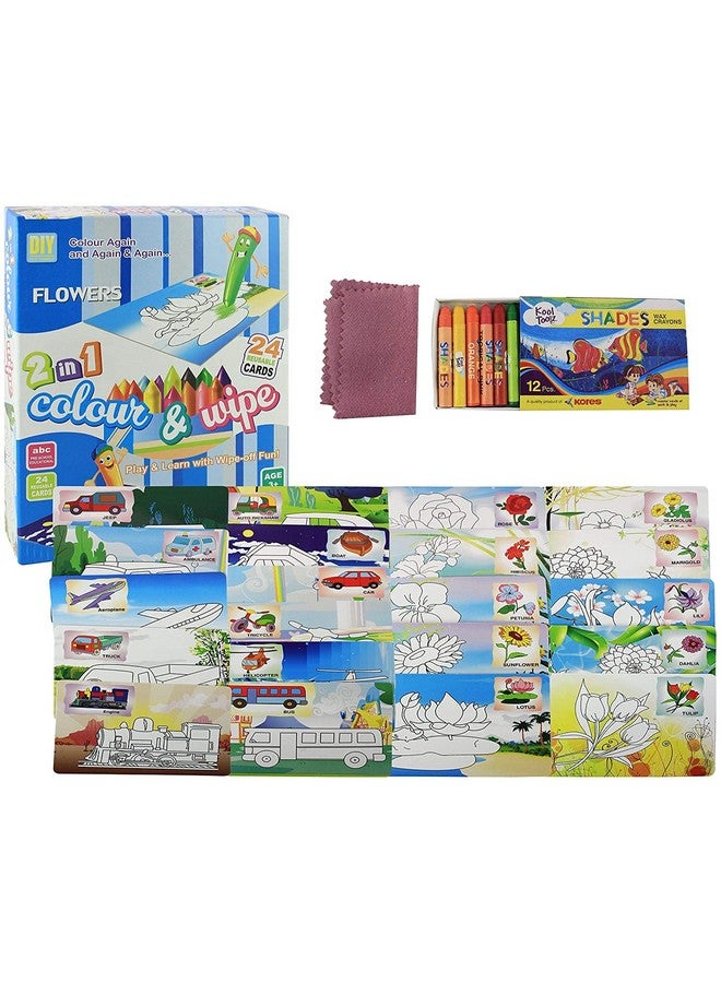 FunBlast Color & Wipe Kit - 24 Design Flower & Transport Reusable Cards, Preschool Coloring Kit for 3+ Years Toddlers/Kids (Multicolor) - Image 1