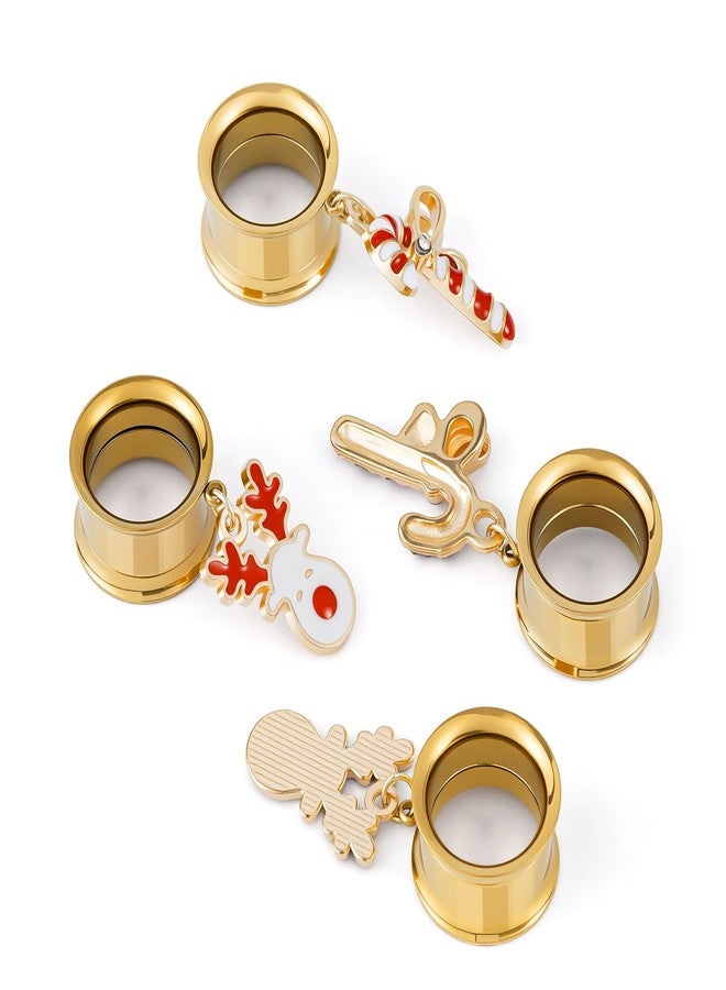 ERKUOO 4PCS Christmas Ear Tunnels Set Stainless Steel Double Flare Gold Tone Plug Gauges with Santa Snowman Reindeer Candy Cane Dangle Charms Holiday Stretching Jewelry Gift for Women Men 6mm-25mm - Image 4