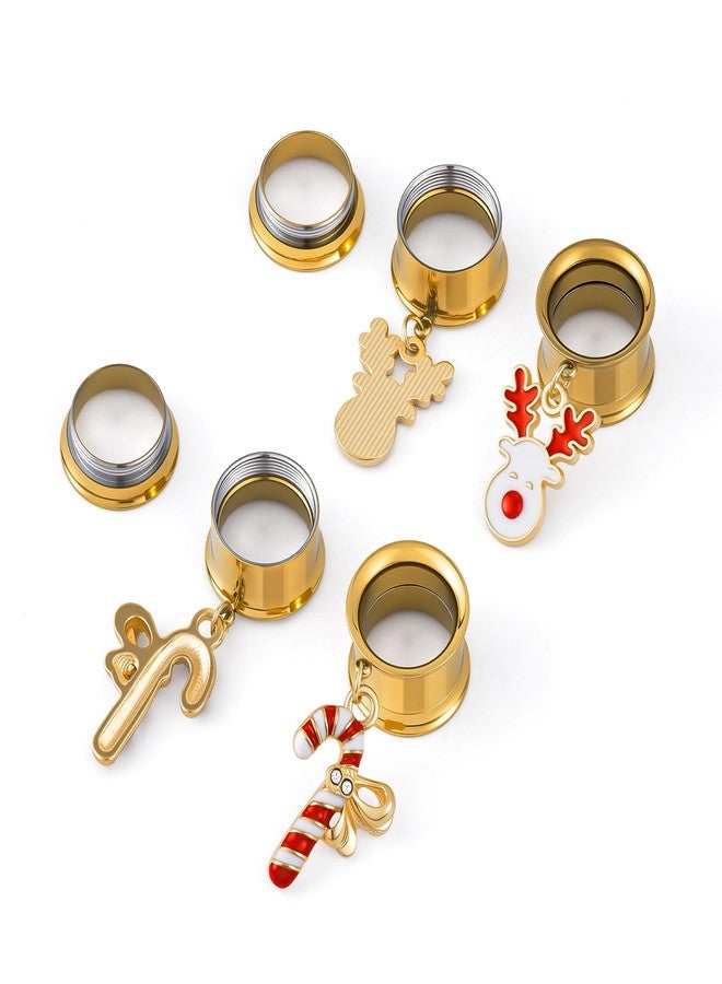 ERKUOO 4PCS Christmas Ear Tunnels Set Stainless Steel Double Flare Gold Tone Plug Gauges with Santa Snowman Reindeer Candy Cane Dangle Charms Holiday Stretching Jewelry Gift for Women Men 6mm-25mm - Image 3