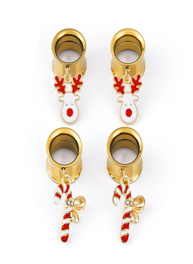 ERKUOO 4PCS Christmas Ear Tunnels Set Stainless Steel Double Flare Gold Tone Plug Gauges with Santa Snowman Reindeer Candy Cane Dangle Charms Holiday Stretching Jewelry Gift for Women Men 6mm-25mm - Image 2