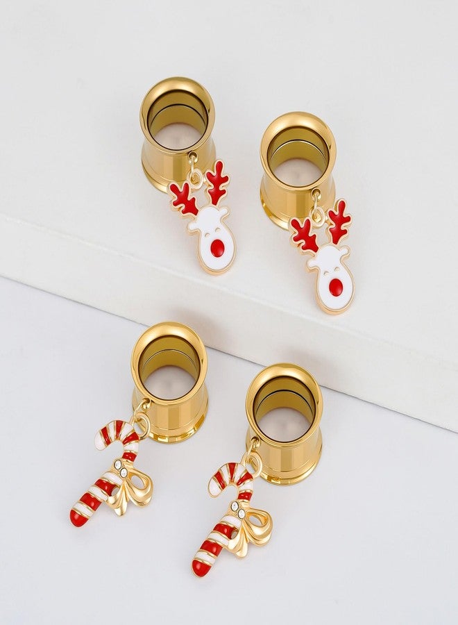 ERKUOO 4PCS Christmas Ear Tunnels Set Stainless Steel Double Flare Gold Tone Plug Gauges with Santa Snowman Reindeer Candy Cane Dangle Charms Holiday Stretching Jewelry Gift for Women Men 6mm-25mm - Image 5