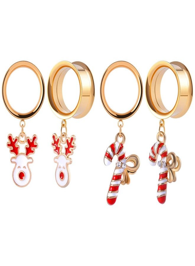 ERKUOO 4PCS Christmas Ear Tunnels Set Stainless Steel Double Flare Gold Tone Plug Gauges with Santa Snowman Reindeer Candy Cane Dangle Charms Holiday Stretching Jewelry Gift for Women Men 6mm-25mm - Image 1
