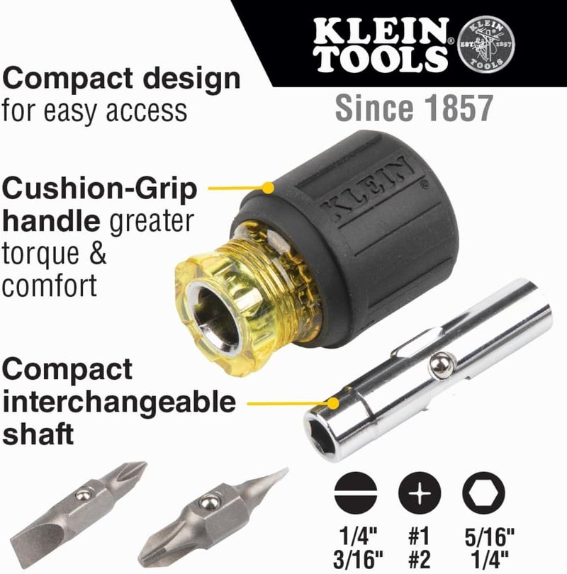Klein Tools 32561 Stubby Screwdriver and Nut Driver with 6-in-1 Multi-Bits, Black and Yellow - Image 2