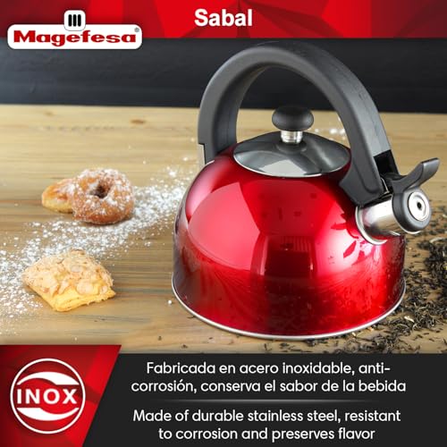 MAGEFESA Sabal Stainless Steel Whistling Red Tea Kettle, 2.1 Qts, smooth and clean pouring system, ergonomic handle, Removable Lid for Easy Cleaning Teapot - Image 3