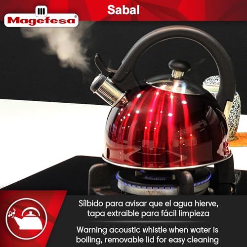 MAGEFESA Sabal Stainless Steel Whistling Red Tea Kettle, 2.1 Qts, smooth and clean pouring system, ergonomic handle, Removable Lid for Easy Cleaning Teapot - Image 5