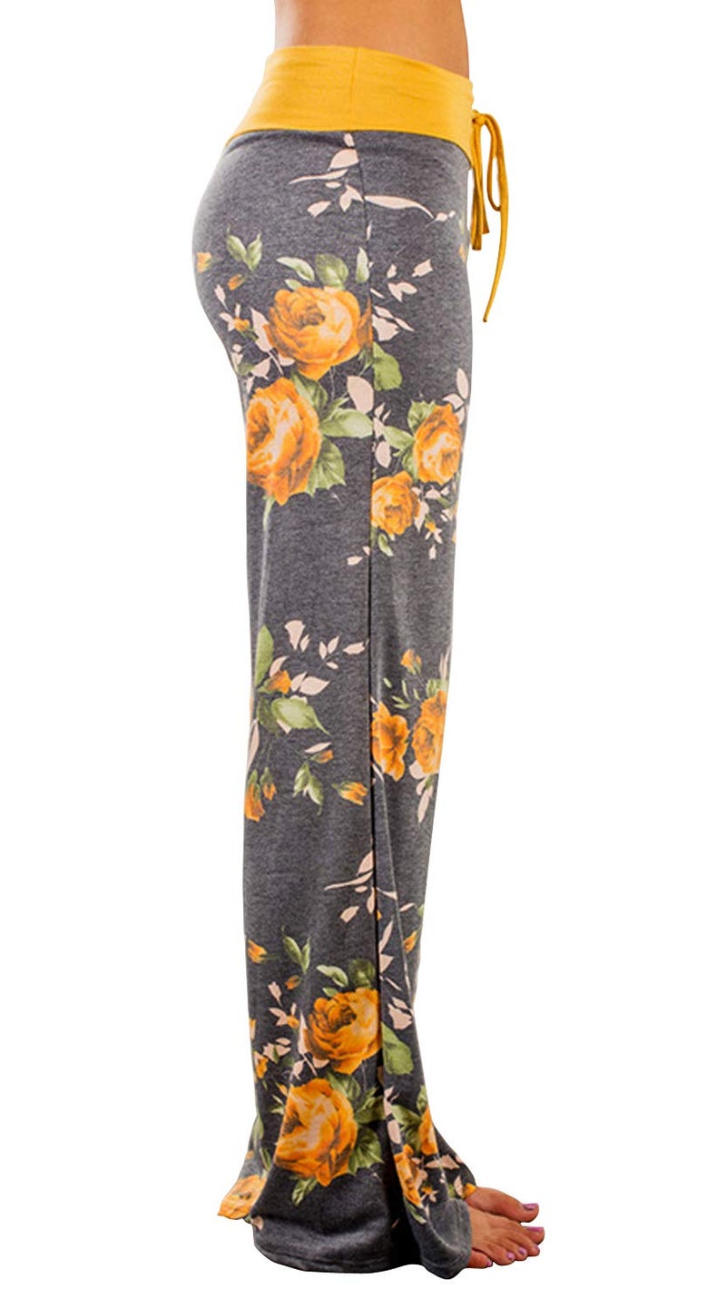 AMiERY Women's Palazzo Floral Pants Casual Print Drawstring Wide Leg High Waist Lounge Pajama Pants US 8, Yellow - Image 3