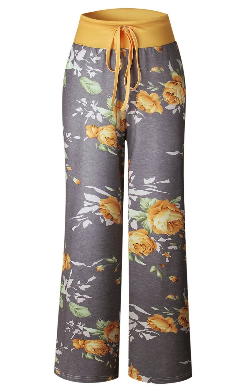 AMiERY Women's Palazzo Floral Pants Casual Print Drawstring Wide Leg High Waist Lounge Pajama Pants US 8, Yellow - Image 4