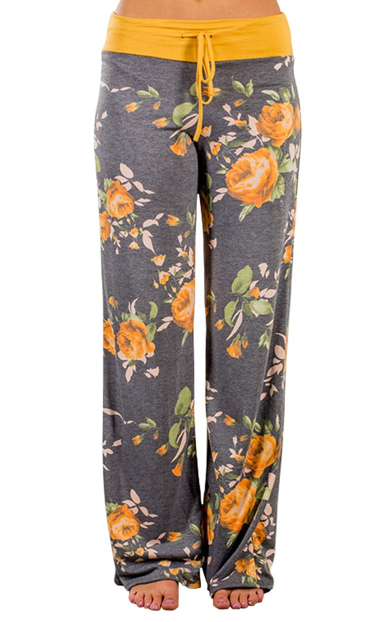 AMiERY Women's Palazzo Floral Pants Casual Print Drawstring Wide Leg High Waist Lounge Pajama Pants US 8, Yellow - Image 1