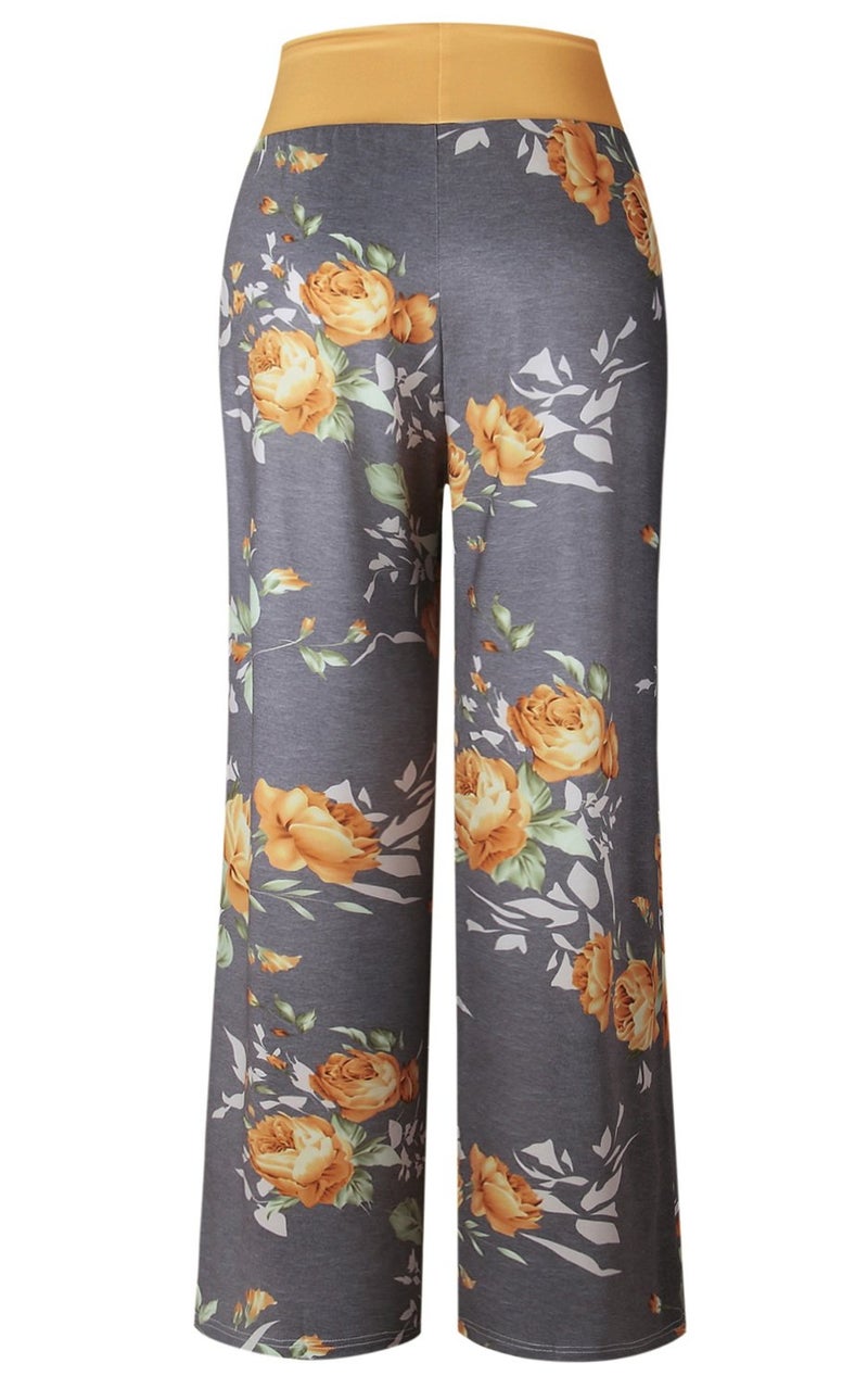 AMiERY Women's Palazzo Floral Pants Casual Print Drawstring Wide Leg High Waist Lounge Pajama Pants US 8, Yellow - Image 5