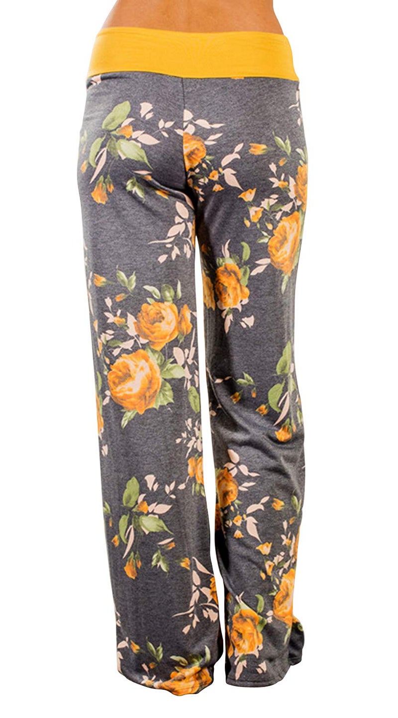 AMiERY Women's Palazzo Floral Pants Casual Print Drawstring Wide Leg High Waist Lounge Pajama Pants US 8, Yellow - Image 2