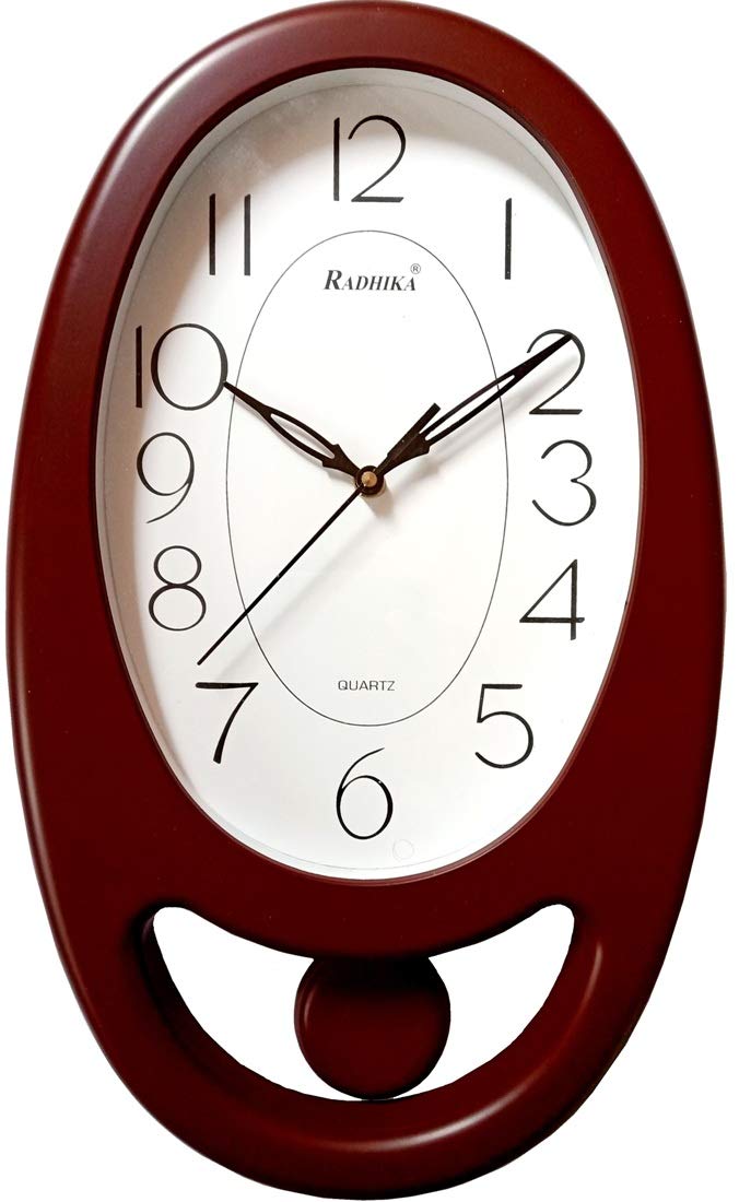 KDS Decorative Plastic Oval Shape Pendulum Wall Clock for Home, Office, Living Room (Color-Dark Red, 39 x 24 x 5cm) - Image 1