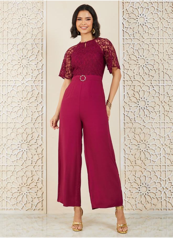 Styli - Lace Insert Buckle Detail Wide Leg Jumpsuit - Image 1