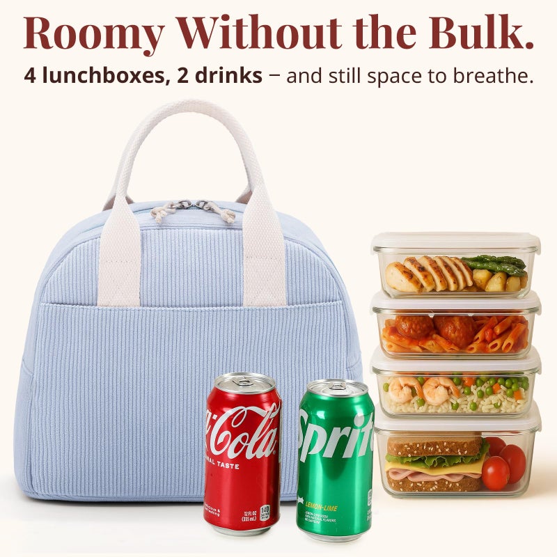 LOVELYWIND Insulated Cloud Blue Lunch Bag for Women, Stylish Corduroy Tote with Aluminum Lining, Large Capacity Reusable Cooler for Work, Travel, Beach or Picnic, Cloud Blue Water-Resistant Lunch Box - Image 2