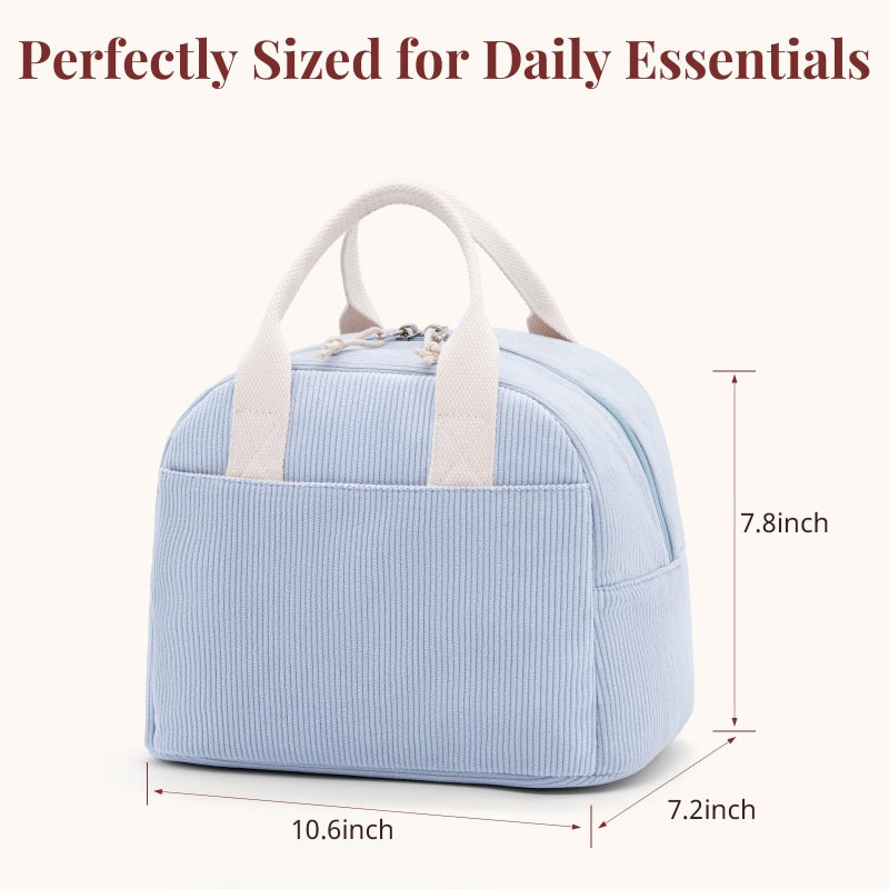 LOVELYWIND Insulated Cloud Blue Lunch Bag for Women, Stylish Corduroy Tote with Aluminum Lining, Large Capacity Reusable Cooler for Work, Travel, Beach or Picnic, Cloud Blue Water-Resistant Lunch Box - Image 3