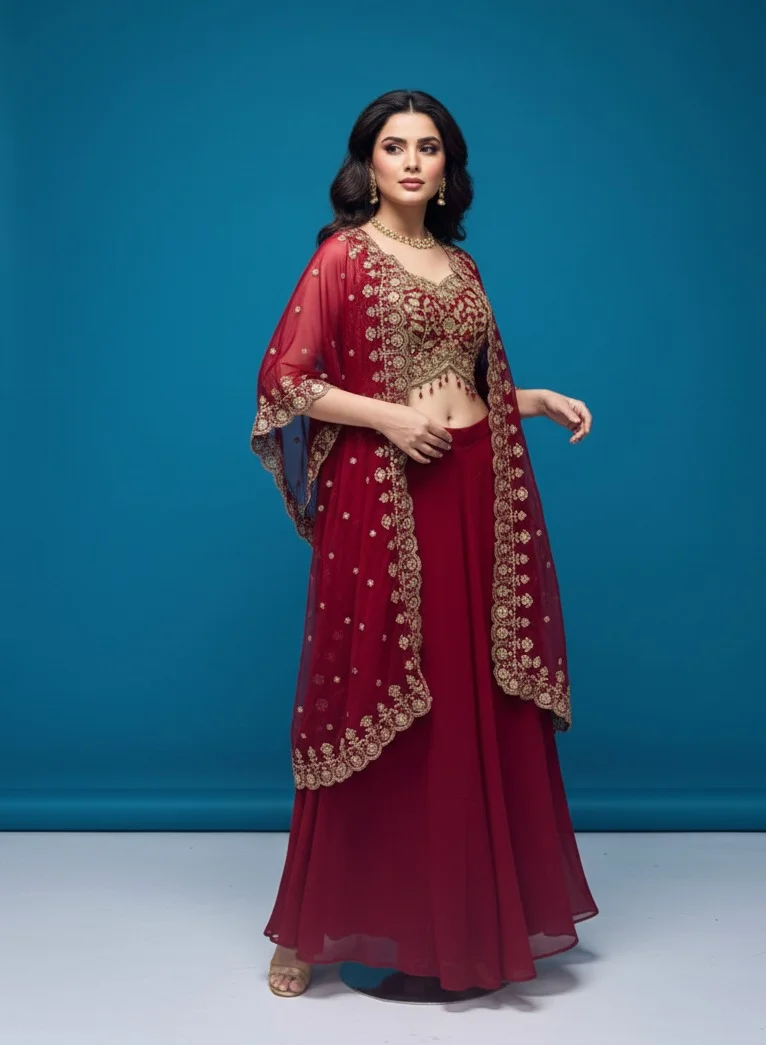Lehar Red Embroidered Crop Top and Jacket Set with Palazzo Pants