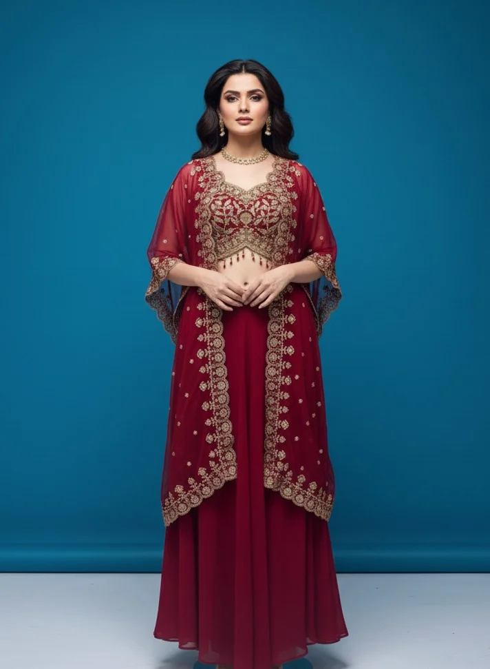 Lehar Red Embroidered Crop Top and Jacket Set with Palazzo Pants
