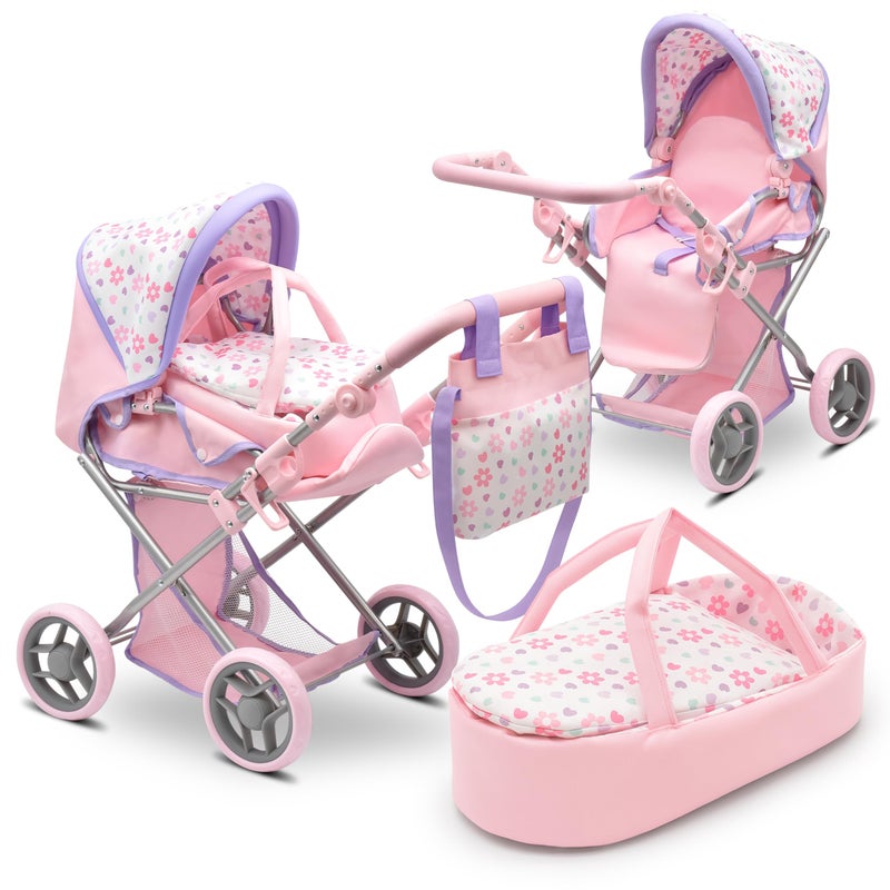 Dolls To Play عربة أطفال دمية قابلة للتحويل مع سرير سفر قابل للإزالة للأطفال مقبض قابل للتعديل عربة مع مظلة وسلة تخزين 25 بوصة بنفسجي - Image 3