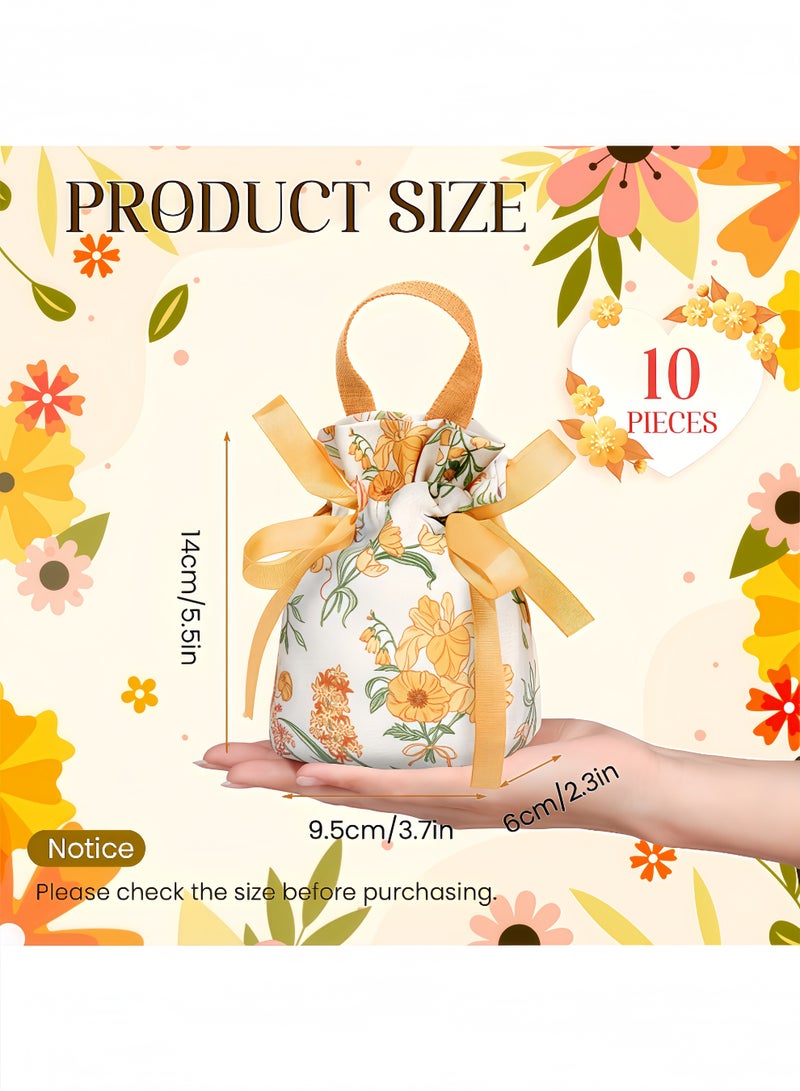 Peachjoy حقائب هدايا قماشية مزخرفة بالأصفر مع مقابض - مجموعة من 10 أكياس صغيرة بسحب للزينة، الحلويات - مثالية لحفلات الزفاف، هدايا الزفاف - Image 2
