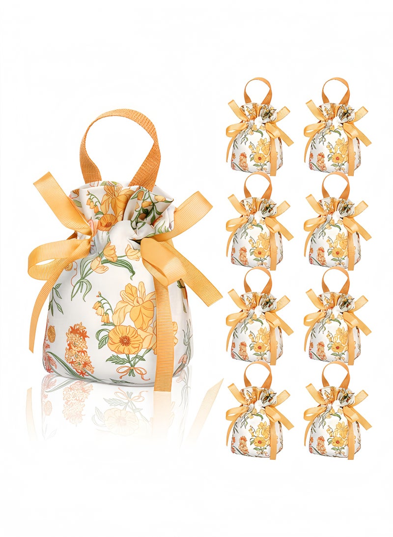 Peachjoy حقائب هدايا قماشية مزخرفة بالأصفر مع مقابض - مجموعة من 10 أكياس صغيرة بسحب للزينة، الحلويات - مثالية لحفلات الزفاف، هدايا الزفاف - Image 1