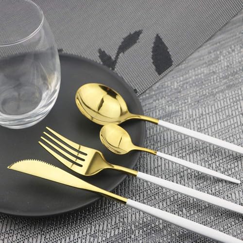 Iktu 24-Piece Stainless Steel Cutlery Set, Mirror Polished Tableware, Dishwasher Safe, Suitable for Housewarming Gift, Dining Table Decor (White-Gold) - Image 5