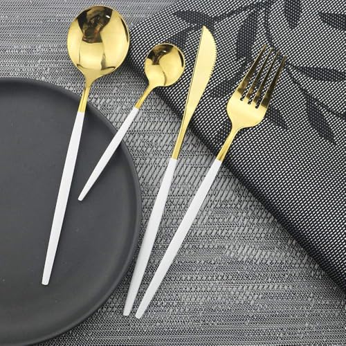 Iktu 24-Piece Stainless Steel Cutlery Set, Mirror Polished Tableware, Dishwasher Safe, Suitable for Housewarming Gift, Dining Table Decor (White-Gold) - Image 3