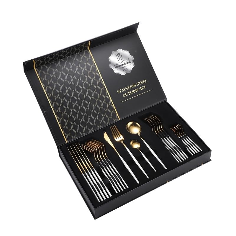 Iktu 24-Piece Stainless Steel Cutlery Set, Mirror Polished Tableware, Dishwasher Safe, Suitable for Housewarming Gift, Dining Table Decor (White-Gold) - Image 1