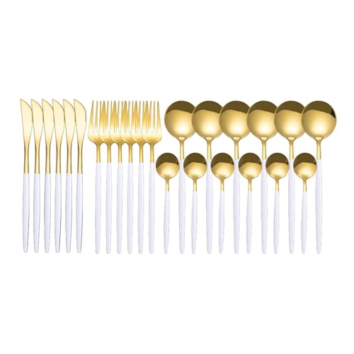 Iktu 24-Piece Stainless Steel Cutlery Set, Mirror Polished Tableware, Dishwasher Safe, Suitable for Housewarming Gift, Dining Table Decor (White-Gold) - Image 4