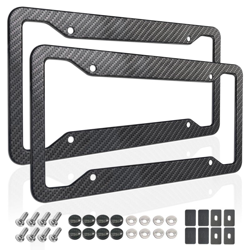 ZXFOOG Carbon Fiber License Plate Frames- 2 Pack Black Aluminum Front & Rear Auto Car Tag Holder, Heavy Duty Bracket with Mount Hardware, Screws Caps, Rattle Proof Pads (Carbon Pattern - Image 1