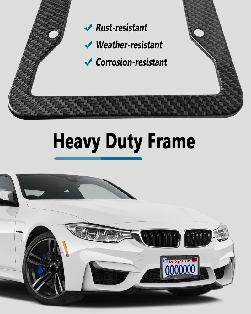 ZXFOOG Carbon Fiber License Plate Frames- 2 Pack Black Aluminum Front & Rear Auto Car Tag Holder, Heavy Duty Bracket with Mount Hardware, Screws Caps, Rattle Proof Pads (Carbon Pattern - Image 3