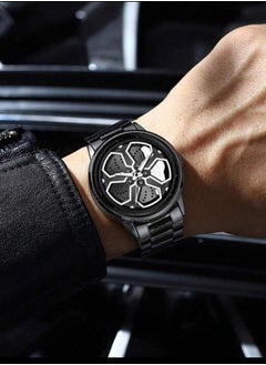 VavaVoom VA VA VOOM Men's Black Quartz Watch with Stainless Steel Strap and White Sports Car Wheel Dial, Perfect Gift  - Image 2