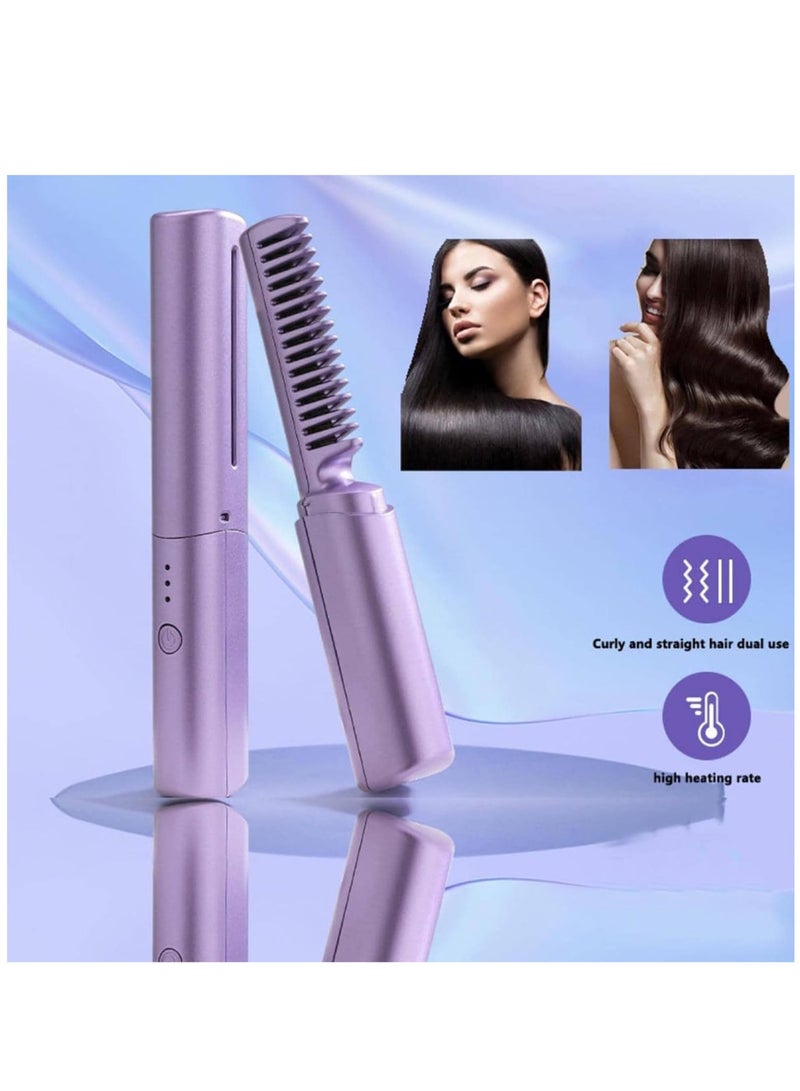 Mini Hair Straightener, Rechargeable Hair Straightener Brush, Portable Straightening Brush with Anti-Static Negative Ion, Hot Comb Hair Straightener for Women, for All Hair Types (Purple) - Image 2