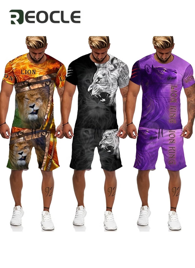 Men's 2 Piece Outfits Shorts Tracksuit Real 3D Printed Casual Short Sleeve Crew Neck Suit Vacation Shirt and Shorts Sets