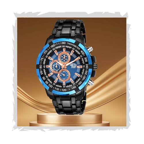SWADESI STUFF Men's Chronograph Watch, 50mm Black Stainless Steel Band, Rose Gold Accents, Quartz Movement (Blue) - Image 1