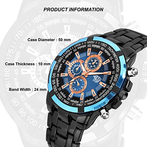 SWADESI STUFF Men's Chronograph Watch, 50mm Black Stainless Steel Band, Rose Gold Accents, Quartz Movement (Blue) - Image 5