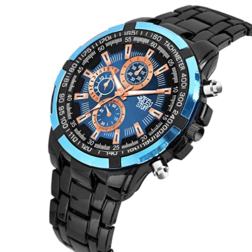 SWADESI STUFF Men's Chronograph Watch, 50mm Black Stainless Steel Band, Rose Gold Accents, Quartz Movement (Blue) - Image 2