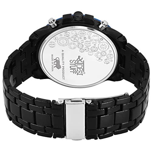 SWADESI STUFF Men's Chronograph Watch, 50mm Black Stainless Steel Band, Rose Gold Accents, Quartz Movement (Blue) - Image 3