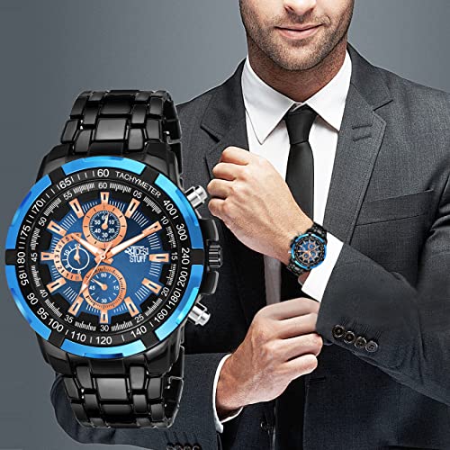 SWADESI STUFF Men's Chronograph Watch, 50mm Black Stainless Steel Band, Rose Gold Accents, Quartz Movement (Blue) - Image 4