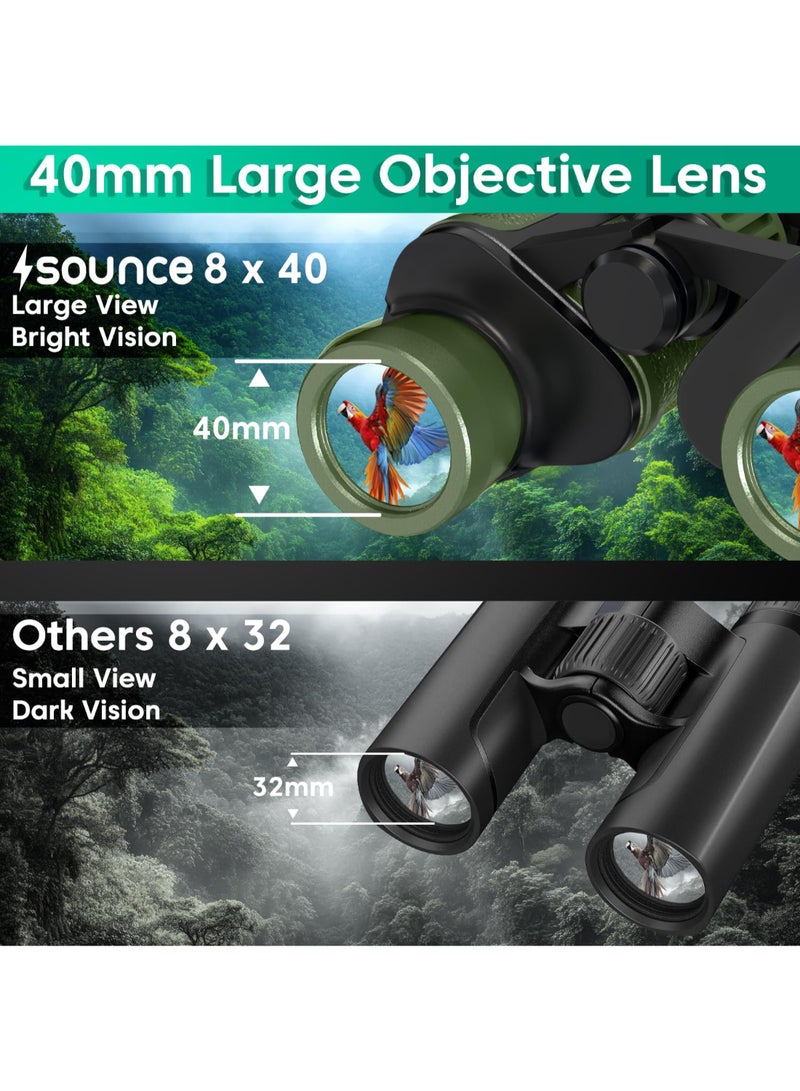 Sounce Renewed - 8x40 Binoculars for Long Distance | Professional HD Binocular for Adults | BAK4 Porro Prism FMC Optics | Bird Watching Wildlife Trekking Safari | Wide Angle Durbin with Pouch (Green) - Image 3